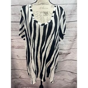 Rachel Zoe 2X Zebra Print Linen V Neck Top Black White Oversized Tunic